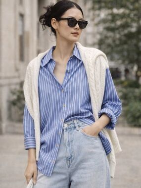 Zara Blue White Striped Button Up Shirt S Relaxed Fit Coastal Preppy Chic